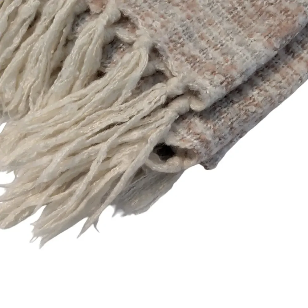West Elm Cream Tan Soft Textured Throw Blanket Fringe Trim Cozy Warm